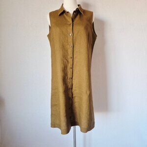 Garnet Hill 100% Linen Sleeveless Tunic Shirt Dress Button-Down Tan-Gold